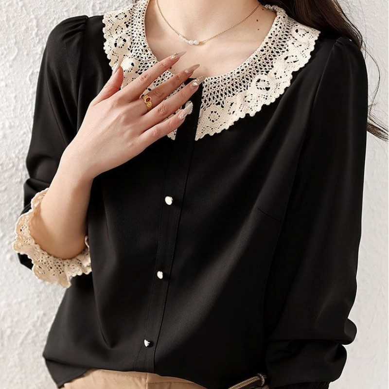 Winter Clothing Vintage - 女性服コントラストパッチワークエレガントなブラウス春秋長袖レースパッチワークルーズオフィスシャツトップスヴィンテージファッション