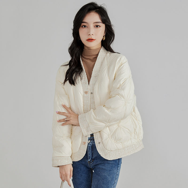 Winter Clothing Trends - 秋冬ダウンジャケット V ネックパッチワーク軽量ホワイトダックダウンコート女性キルティング長袖トップデザイン衣類トレンド
