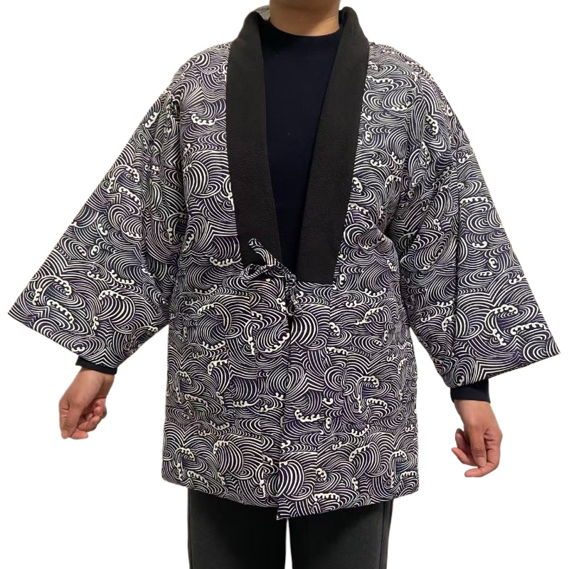 Traditional Winter Japanese Clothing - 伝統的な日本の半纏ジャケットユニセックス冬着物コートキルティングノラギカーディガンウェーブプリントルーズフィットアウター原宿