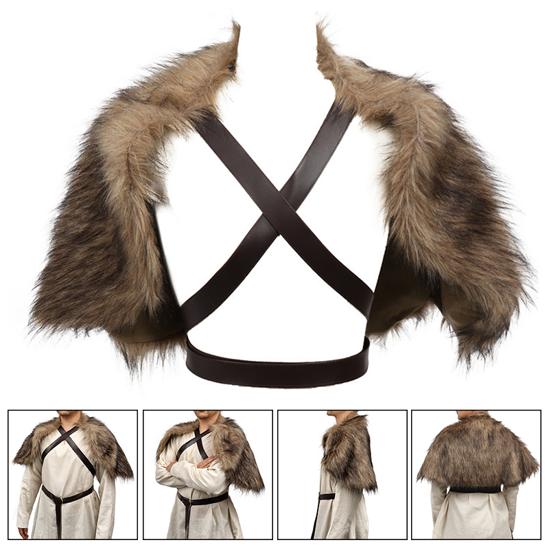 Winter Clothing Accessories - バイキングマント フェイクファー襟付きケープ 中世冬服 キングウォリアーショール 胸ストラップ付きマント ハロウィンコスプレ衣装