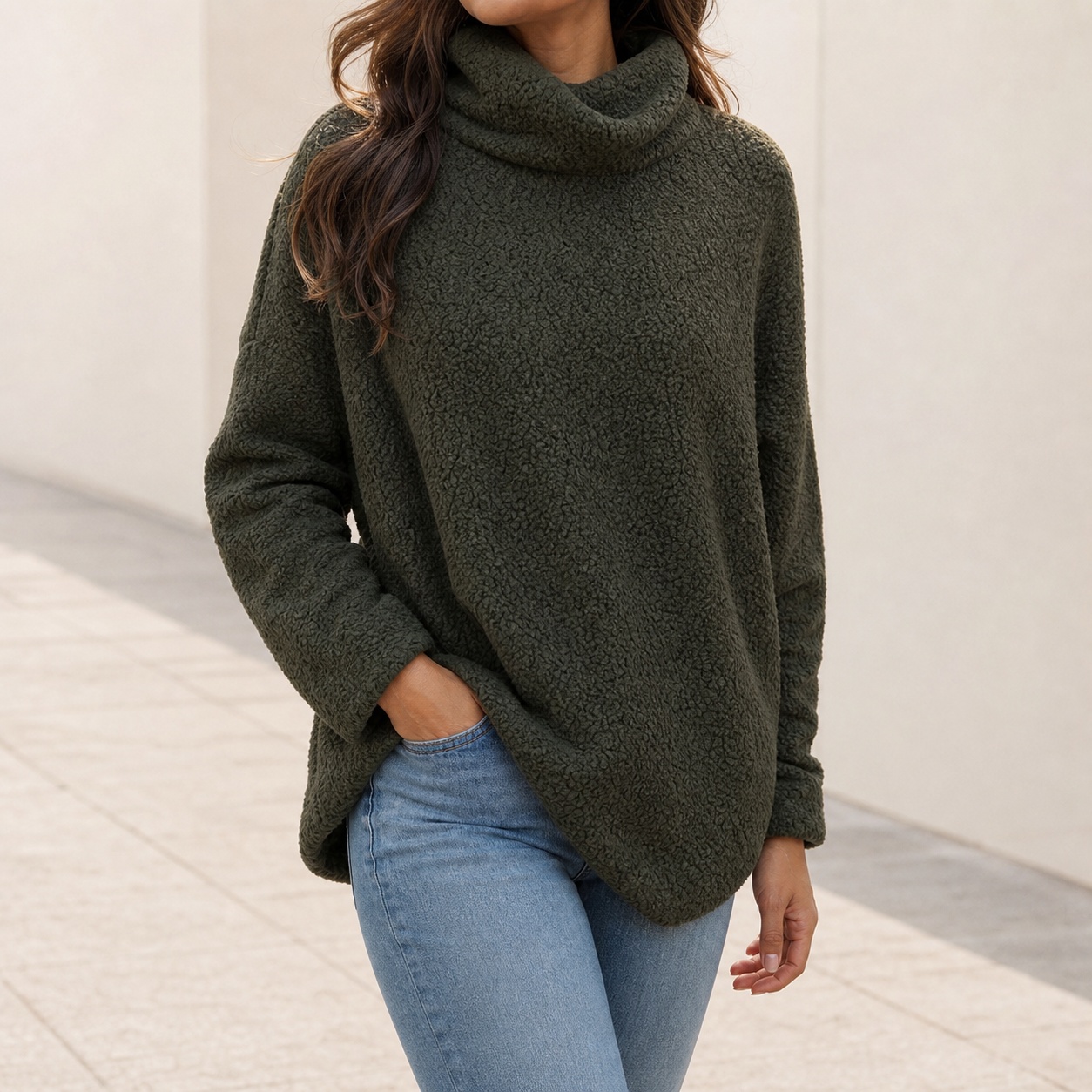 Winter Clothing On Sale Women'S - 女性の冬用タートルネックオーバーサイズ厚手無地ヒップ丈プルオンスウェットシャツ女性の冬服女性服セール