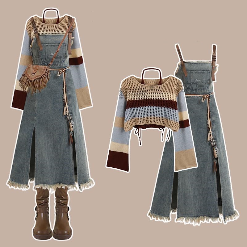 Winter Clothing Vintage - 2026年春新作ヴィンテージデニムスカートマッチングセット レディース エレガントルーズホローニットシャツ+セクシー スリット入りワンピース ツーピーススーツ
