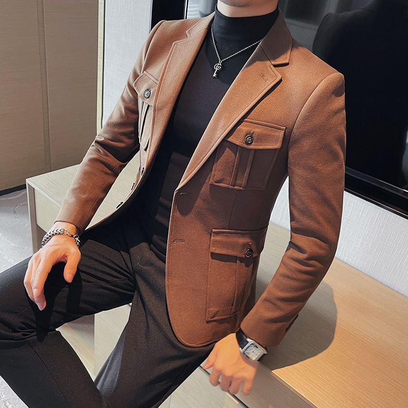 Winter Clothing Trends - ファッションライト高級新ツイードスーツジャケットメンズ冬厚いスーツシングルブレストマルチポケットスーツトップトレンド紳士服
