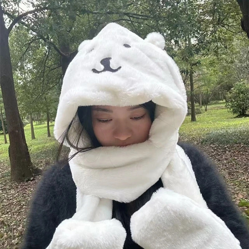 Winter Clothing Accessories - 3 in 1ぬいぐるみ厚手フード付き帽子、キュートな漫画風クマ柄フリース、冬用暖かいオールインワンフード、女性、ティーン、子供向け、居心地の良いホームパーティーギフト