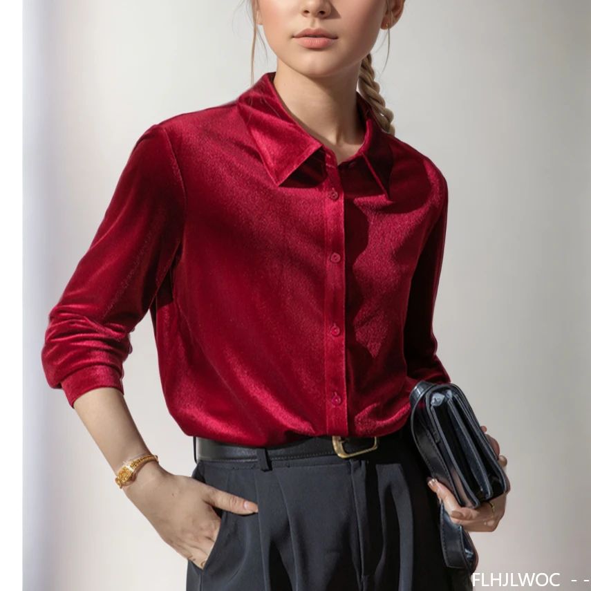 Winter Clothing Vintage - 女性用ベルベットトップ,黒と赤,オフィスウーマン用長袖ブラウス,フレンチスタイル,レトロとヴィンテージ,ベーシックシャツ,新しいデザイン,2021, 2024