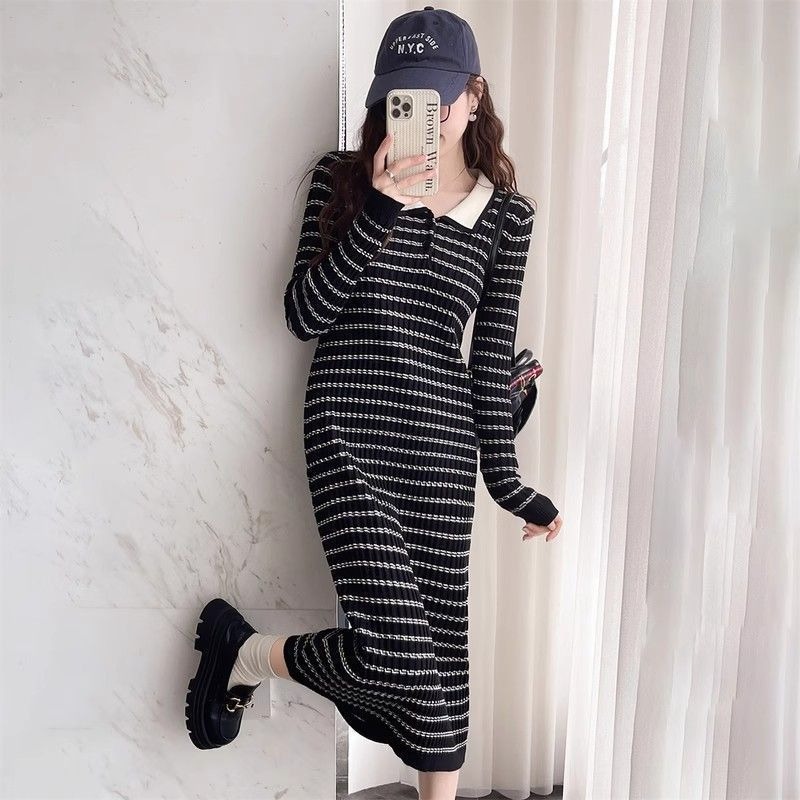 ストライプアプリコット女性ニットドレスカジュアルゆったりオフ - Winter Clothing On Sale Women'S のレビューと価格