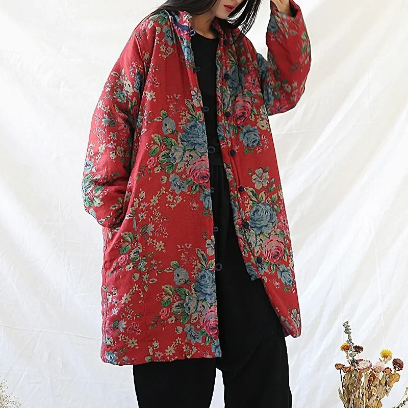 中国風の服暖かい綿プリントフラワーコートローブ 2024 冬 - Winter Clothing Vintage のレビューと価格