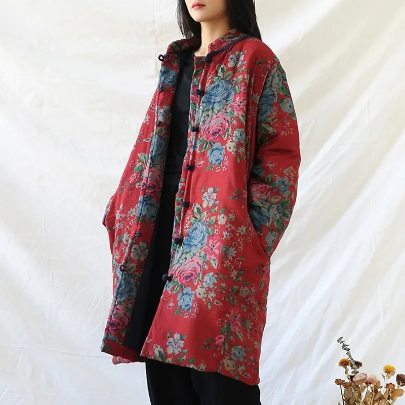 中国風の服暖かい綿プリントフラワーコートローブ 2024 冬 - Winter Clothing Vintage のレビューと価格