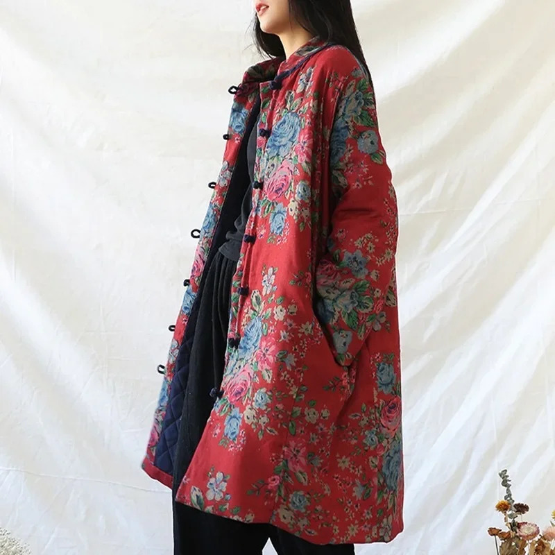 中国風の服暖かい綿プリントフラワーコートローブ 2024 冬 - Winter Clothing Vintage のレビューと価格