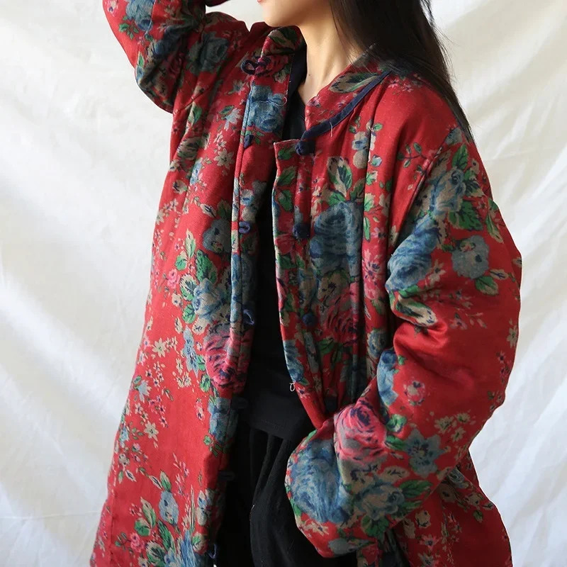 中国風の服暖かい綿プリントフラワーコートローブ 2024 冬 - Winter Clothing Vintage のレビューと価格
