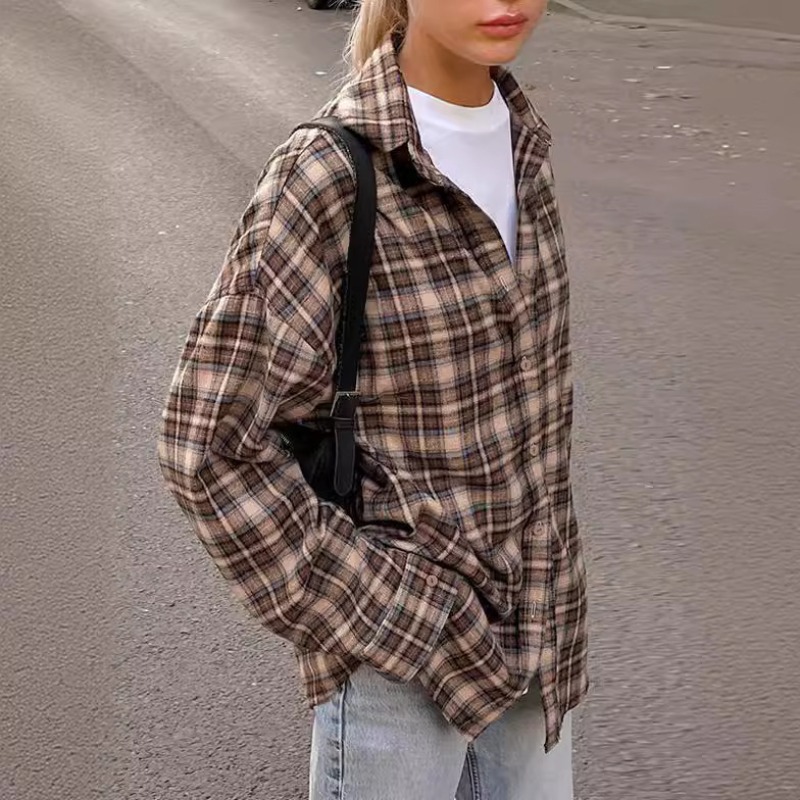 カジュアルチェック柄シャツ女性ルーズ秋冬ラペルボタン女性のコ - Winter Clothing Vintage のレビューと価格