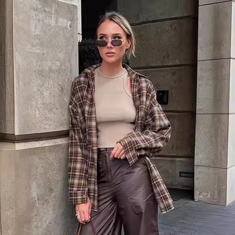 カジュアルチェック柄シャツ女性ルーズ秋冬ラペルボタン女性のコ - Winter Clothing Vintage のレビューと価格