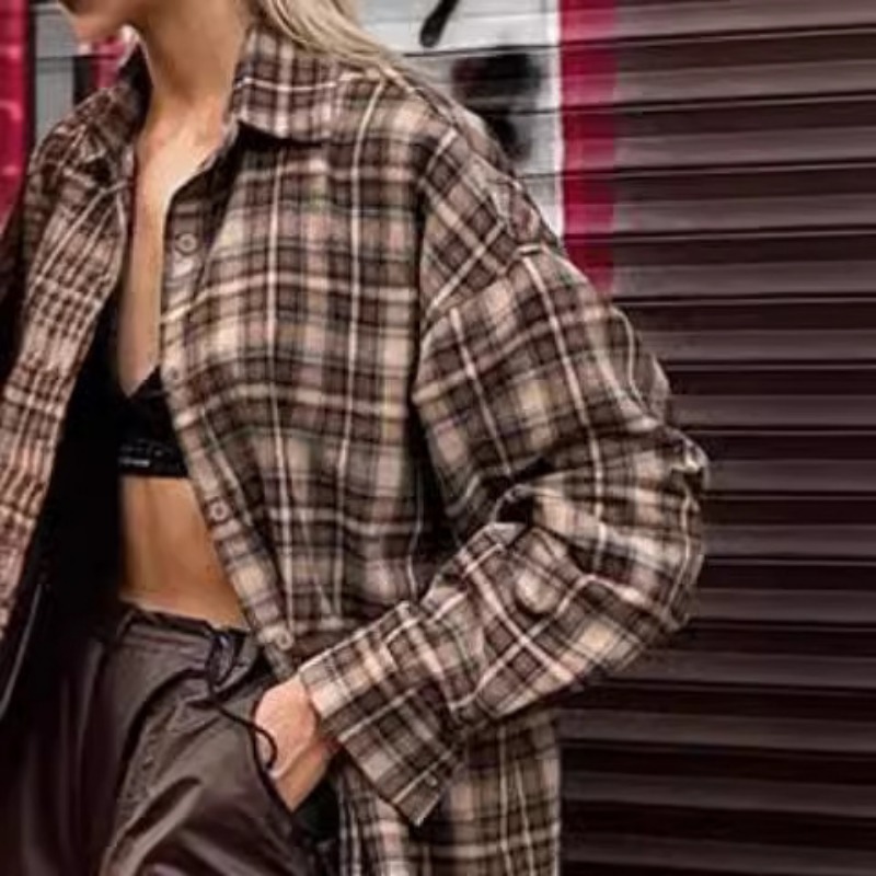 カジュアルチェック柄シャツ女性ルーズ秋冬ラペルボタン女性のコ - Winter Clothing Vintage のレビューと価格