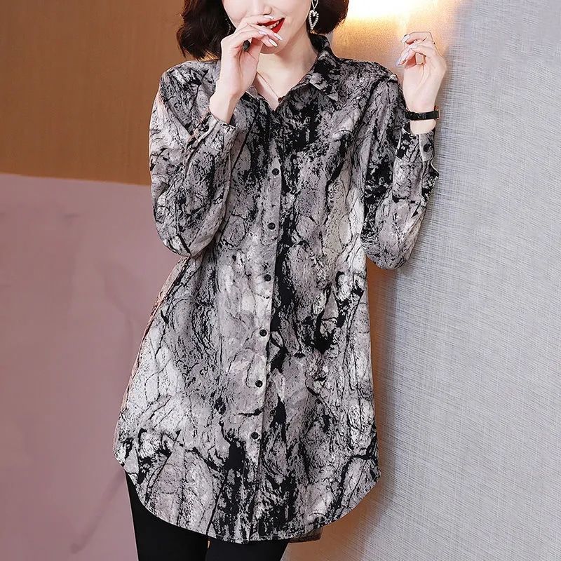 ヴィンテージプリントラペルボタンオーバーサイズシャツ婦人服秋 - Winter Clothing Vintage のレビューと価格
