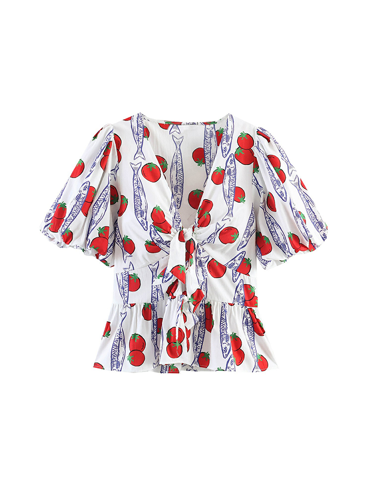 女性ファッションプリントボウレースアップトップス女性プリーツ - Winter Clothing Vintage のレビューと価格