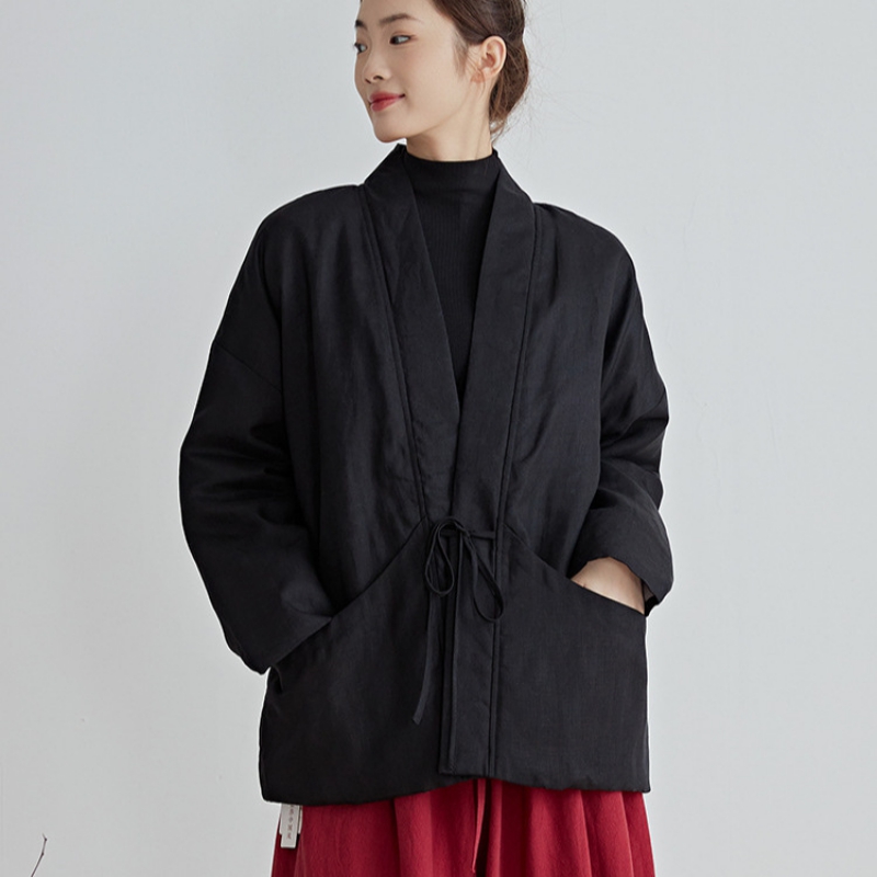 中国風綿アウター黒冬用和服風ローブゆったり綿入りジャケット冬 - Traditional Winter Japanese Clothing のレビューと価格
