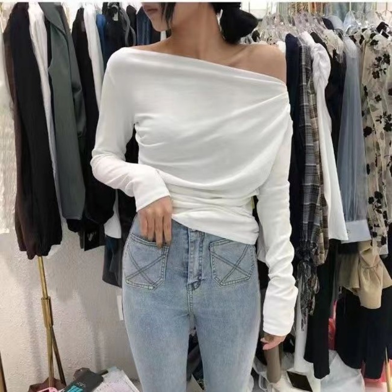 スリムプレーン2025オフショルダー服綿女性Tシャツトップレ - Winter Clothing On Sale Women'S のレビューと価格